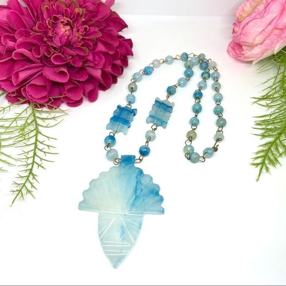 VINTAGE⚜️Genuine Teal Quartz Carved Gem Necklace - Picture 6 of 12